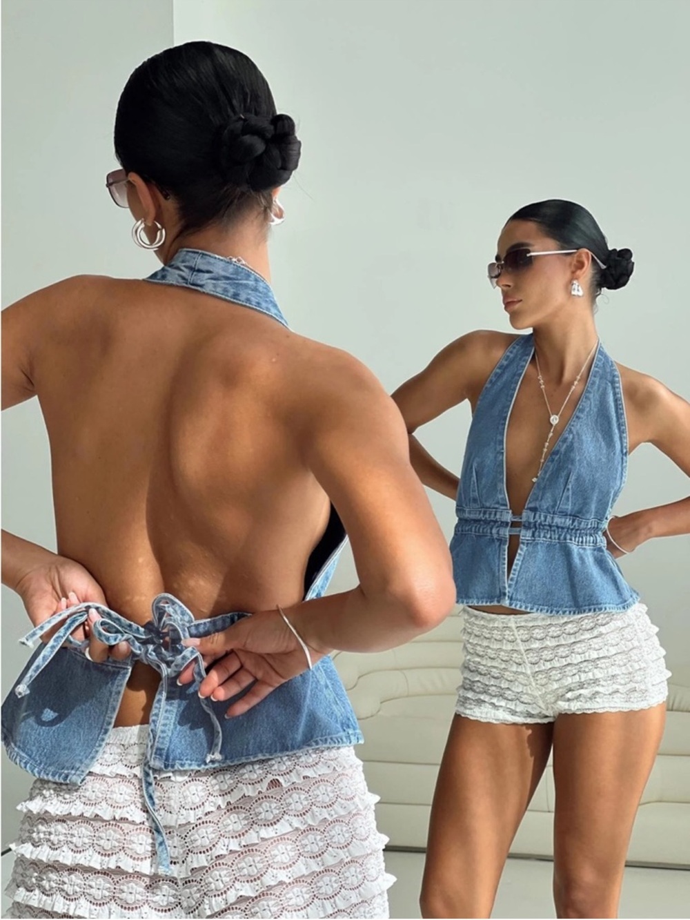 Princess Polly Sequoia Denim Top Blue Halterneck Tie Back Western Boho Festival